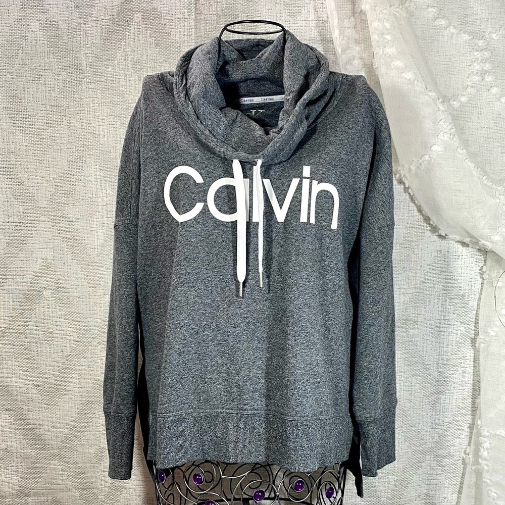 Calvin Klein grey cowl neck pullover logo sweater with side slits size M